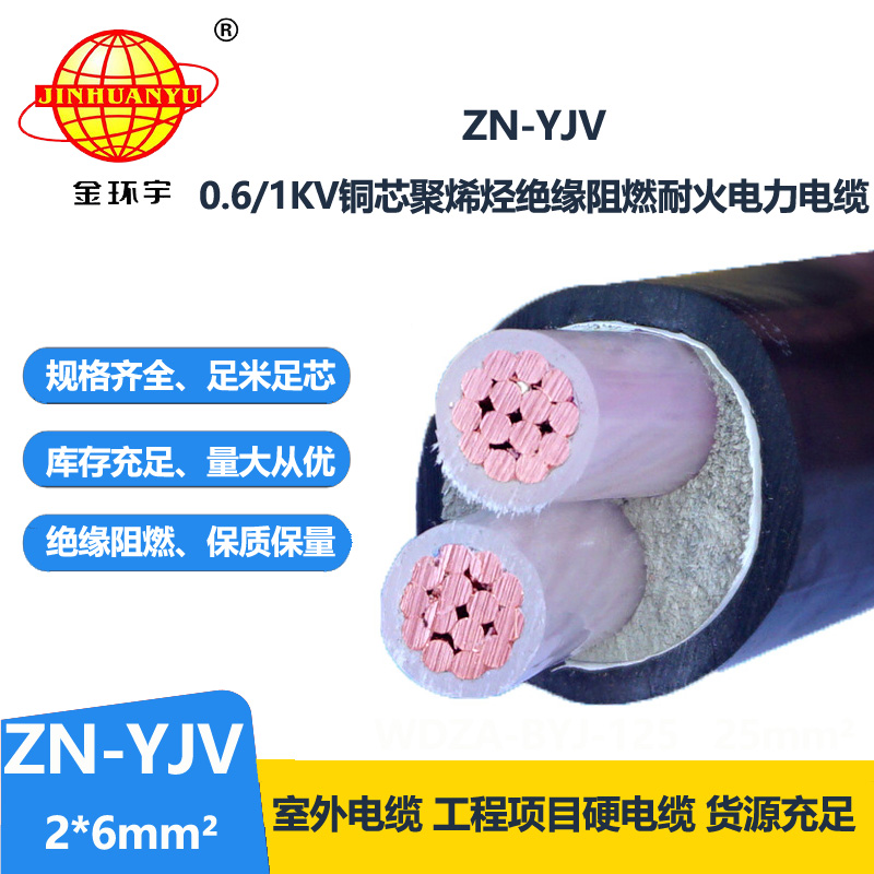 金环宇电线电缆 阻燃电缆yjv ZN-YJV 2X6平方 阻燃耐火电缆厂家