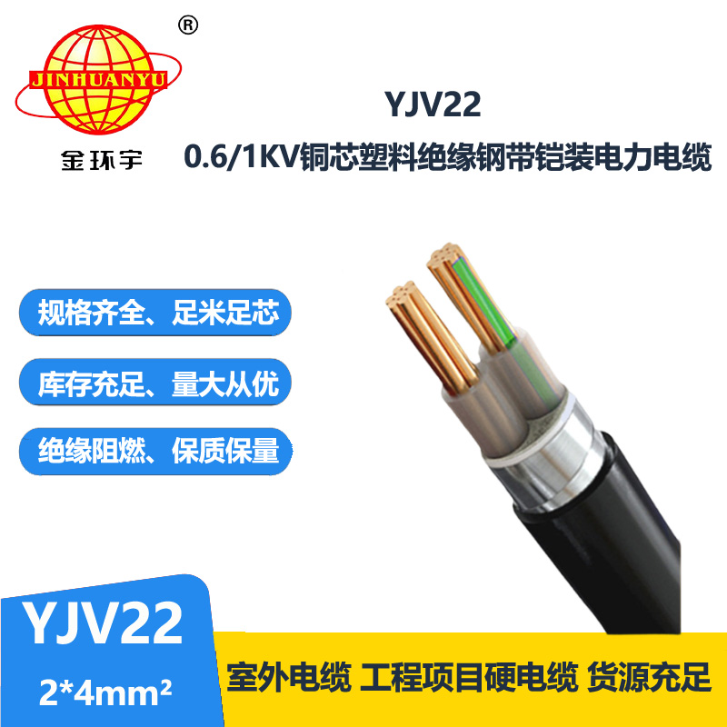 金环宇电线电缆 铜芯 铠装电力电缆YJV22 2X4平方 工程电缆