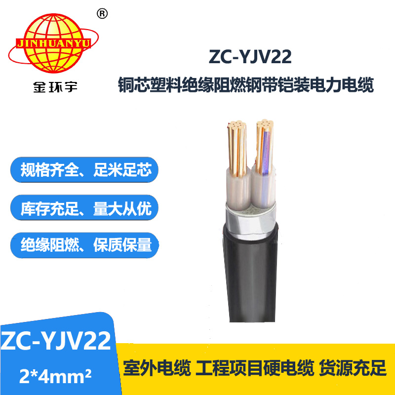 金环宇电缆 c级阻燃电缆ZC-YJV22 2X4平方 深圳铠装电缆报价