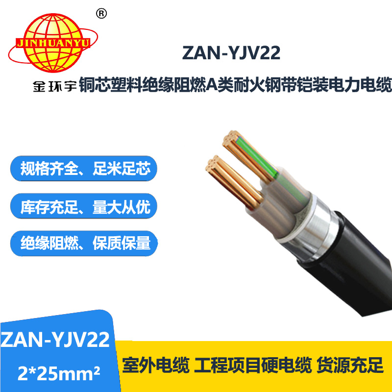 金环宇电线电缆 ZAN-YJV22-2X25平方yjv22电缆a类阻燃耐火铠装电力电缆