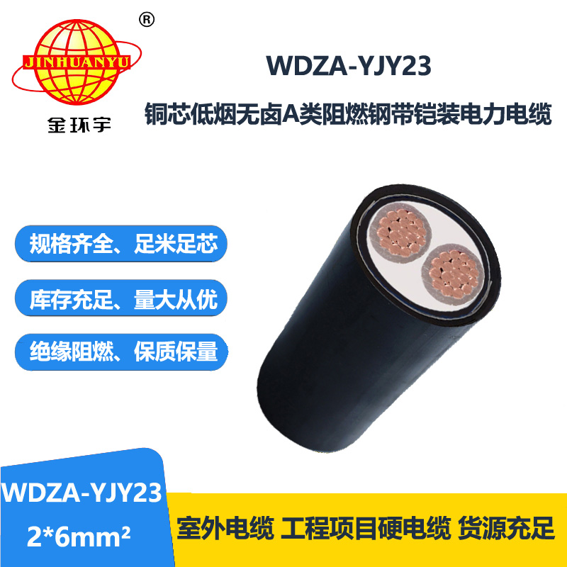 金环宇电缆 a类阻燃低烟无卤铠装电缆WDZA-YJY23-2X6 电力电缆